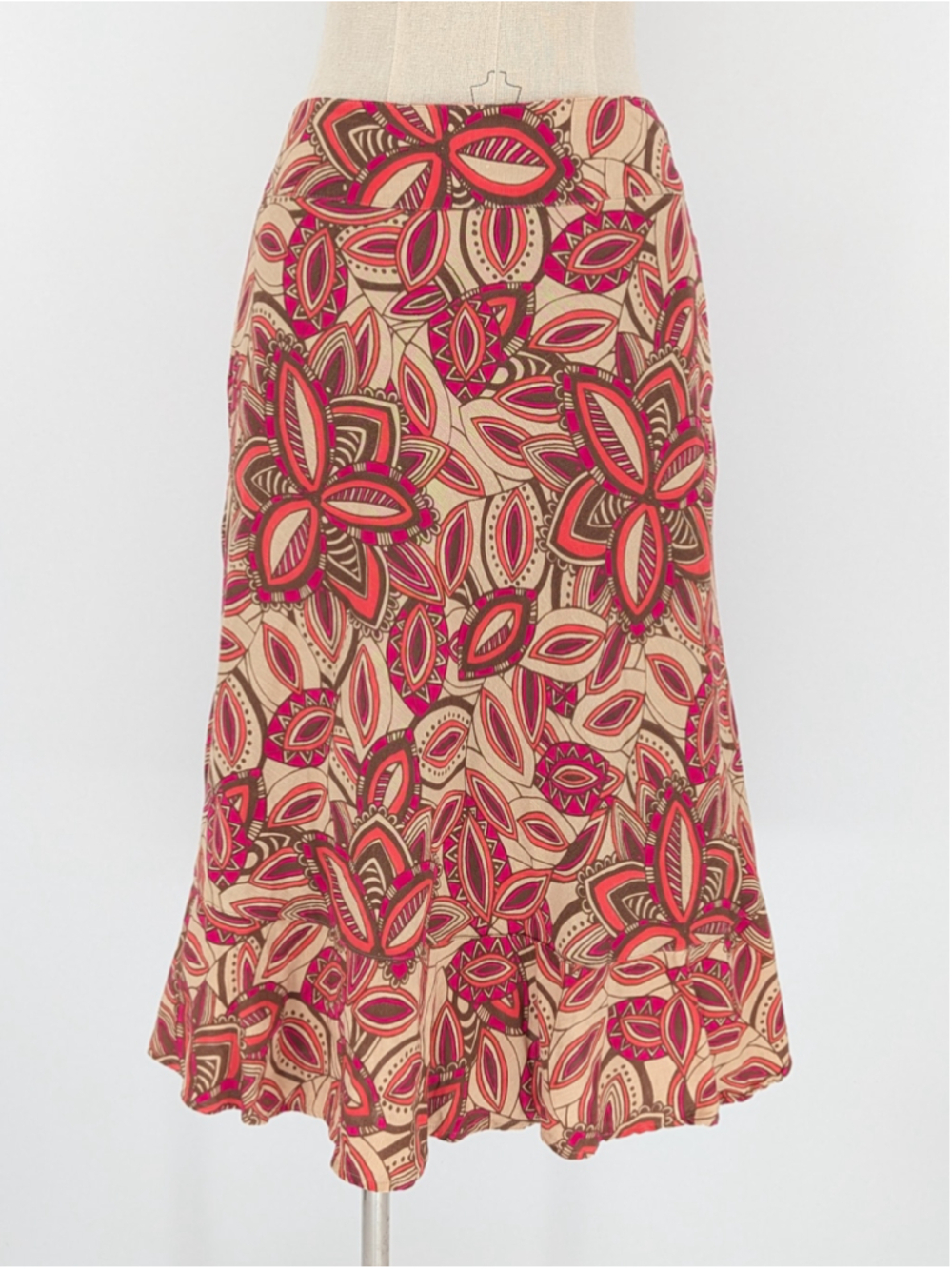 East 5th Linen Rayon Retro Floral A-Line Ruffle Midi Skirt Size 8 Boho Pockets